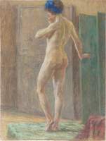 Tableau : Pastel sur panneau - Femme nue au bandeau - attribué à VANDER POORTEN Valery