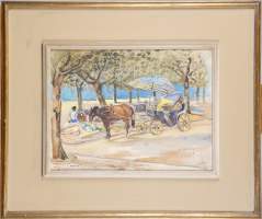 Tableau : aquerelle - Sortie en carriole - daté 1956 signé WIETHASE Edgard