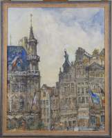 Tableau : aquarelle/gouache - Grand place Bruxelles - signé CLAROT René