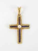 Bijou : Pendentif - Croix - en or jaune 18K et émail bleu serti d'une perle de culture
