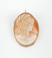 Bijou : Broche/pendentif en or jaune 14K serti d'un camée sur coquille - Profil de jeune femme -