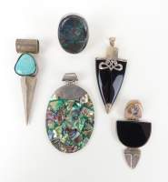 Bijou ethnique argent : 4pendentifs dont onyx turquoise et nacre abalone et 1 bague probablement chrysocolle