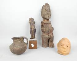 Africain : (4pcs) Statuette Keaka + Pot en bronze Ashanti + tête Sokoto + anse de cruche Lobi