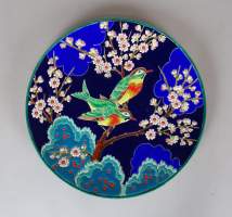 Céramique : plat en émaux de Longwy - Rossignols du Japon - décor de CHEVALLIER
