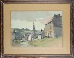 Tableau aquarelle/gouache s/papier -Vue du village de Virelles- signé VERBAERE H