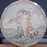 Tableau HST marouflée -Femme tenant un trident accompagnée d'anges et de dauphin