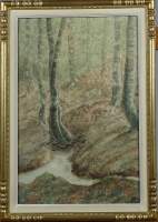 Tableau aquarelle -Sous-bois- 1892 monogrammé AHJ 44x29cm cadre doré s/v