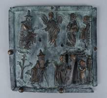 Sculpture : plaque d'entrée de serrure ancienne en bronze - Personnages religieux - en bas relief