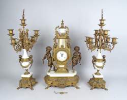 Horlogerie : Garniture de cheminée en bronze métal doré et marbre 20eS