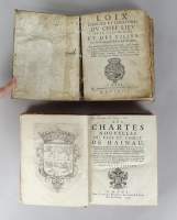 Livre : (2) - Loix , chartes et coutumes du chef - lieu de Mons... - 1663 , De la Roche S. à Mons + Les Chartes... pays de Hainaut , +notes de M. Fortius [...] , 1735 , Migeot à Mo