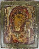 Tableau : icône russe tempera s/ bois - Vierge à l'enfant - 19eS anonyme