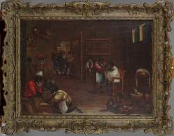Tableau HST (rest) - Singerie , La Boutique du barbier aux singes et aux chats - anonyme fin 18eS début 19eS d'après A. TENIERS
