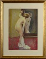 Tableau Technique mixte pastel sur papier - Jeune femme nue devant le miroir - signé J. WELLS