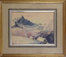 Tableau: dessin aquarelle -Chalets en montagne- signé RAYNAUD André