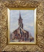 Tableau HST -Eglise de Burinne bombardée- 1915 signé COLIN Alice