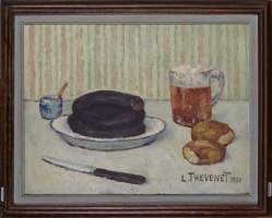 Tableau HST (marouflée) -Nature morte au boudin noir- 1920 signé THEVENET Louis