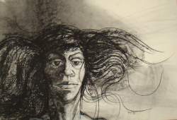 Fusain sur papier -Femme les cheveux au vent- daté 77 signé ROUSSEAU Alain