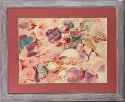Aquarelle sur soie -Fleurs et oiseaux- 1989 signé STEVENNE Maria