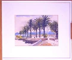 Tableau Aquarelle/papier -Allée de palmiers à Lipari (les îles Éoliennes)- signé