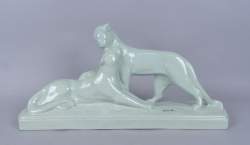 Sculpture céramique faïence verte craquelée - Couple de félins - signé FONTINELLE  Louis