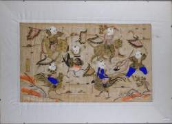 Asiatique : ancienne xylogravure rehaussée aquarelle et gouache - Composition personnages et animaux - signé