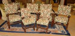 Meuble: 4 fauteuils et 2 chaises de style LouisIII en bois torsadé siège, dossie