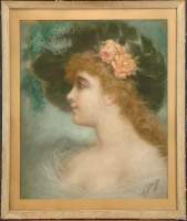 Tableau Pastel -Portrait de jeune élégante au chapeau- signéet de STEVENS Agapit