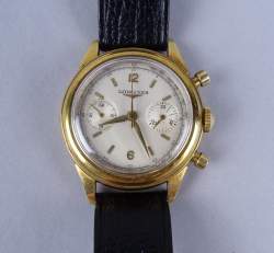 Bijou : Montre bracelet d'homme LONGINES FLYBACK 1 chronographe en or jaune 18K fond vissé mvt 30CH à remontoir (en état)