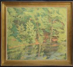 Tableau HST -Sous bois avec étang- signé ELSENEUR 60x70 cadre doré