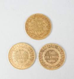 Collection de pièces de monnaie : 3 pièces en or de France de 20FF Collection de pièces de monnaie : 3 pièces en or de France de 20FF