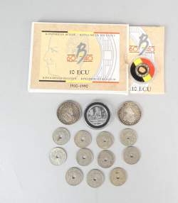 Collection : pièces de monnaie : pièce belge de 10 écus d'or et argent , joint qq pièces en argent et au poids