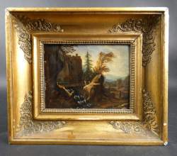 Tableau HSB -Paysage a/cascade- anonyme école allemande déb 18eS. 15x19,5 cadre