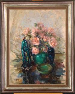 Tableau HSP -Nature morte avec bouquet de roses et statuettes chinoises- signé W Tableau HSP -Nature morte avec bouquet de roses et statuettes chinoises- signé W