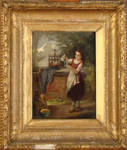 Tableau HSB -Jeune fille abreuvant les oiseaux- signé VARENBERGH Jean Tableau HSB -Jeune fille abreuvant les oiseaux- signé VARENBERGH Jean