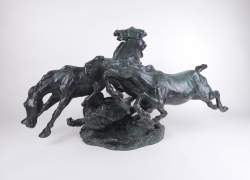 Sculpture : Bronze à patine verte - Cavalcade de chevaux - circa 1924 signé HAGER Albert Sculpture : Bronze à patine verte - Cavalcade de chevaux - circa 1924 signé HAGER Albert