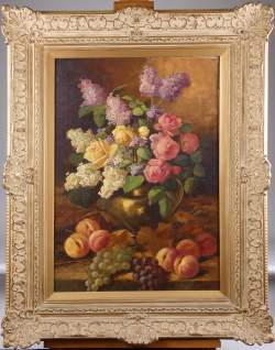 Tableau HST (pt acc battée) - Bouquets de roses aux fruits - signé BRUNNER Julienne 20eS