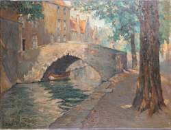 Tableau HST (craquelures) - Pont à Bruges - signé POSTEL Jules Tableau HST (craquelures) - Pont à Bruges - signé POSTEL Jules
