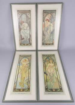 Estampe : chromo/offset (4pcs) - Les heures du jour - daté et signé dans la planche 99 d'après MUCHA Alphonse Estampe : chromo/offset (4pcs) - Les heures du jour - daté et signé dans la planche 99 d'après MUCHA Alphonse