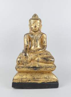 Asiatique : Sculpture Bouddha Birmane en bois laqué noir et doré assise en padmasana mains en bhumiparsha mudra (prise de terre à témoin)