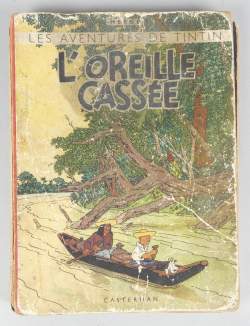 BD : TINTIN Hergé éd CASTERMAN : L'oreille cassée N&B A18 1942 4HT couleur 20e mille (Etat moyen , déchirures , Dos acc , usures , sauf P77 int correct )