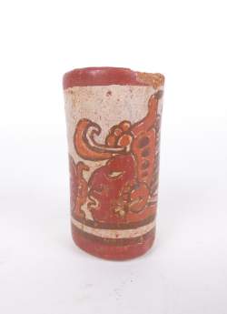 Céramique : Vase cylindrique Maya (ecl) terre cuite polychrome à décor figuratif