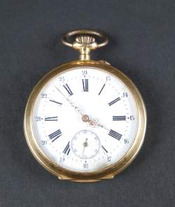 Bijou : Montre de gousset cuvette extérieure gravée en or jaune 18K mouvement à remontoir (en état , usures , verre acc)