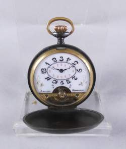 Bijou : Montre de gousset savonnette HEBDOMAS 8 jours en acier noirci (à canon) (fonctionne) mvt à remontoir