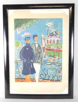 Estampe: Lithographie couleur -Couple au bord de l'eau- N° 44/275 signé PICOT J- Estampe: Lithographie couleur -Couple au bord de l'eau- N° 44/275 signé PICOT J-