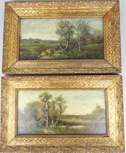 Tableau HSB d'acajou (2pcs) -Paysage animé- anonyme fin 19eS 18x36cm cadre de st