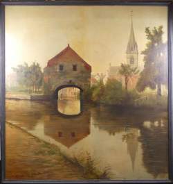 Tableau HST (rest, pt trous, usure) -Cours d'eau de village- daté 1896 signé Jos Tableau HST (rest, pt trous, usure) -Cours d'eau de village- daté 1896 signé Jos