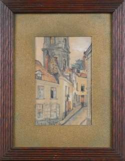 Tableau: aquarelle -Vue de la rue Cronque sur le beffroi de Mons- signé PUTSAGE Tableau: aquarelle -Vue de la rue Cronque sur le beffroi de Mons- signé PUTSAGE