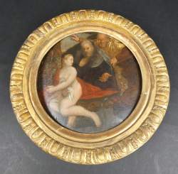 Tableau HSB -Suzanne et les vieillards- anonyme 17eS diam:17,5cm cadre rond doré Tableau HSB -Suzanne et les vieillards- anonyme 17eS diam:17,5cm cadre rond doré