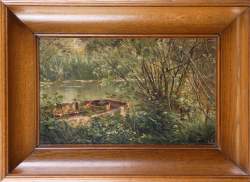 Tableau HSB - Barque sous un saule au bord de la Suippe effet de soleil - monogr Tableau HSB - Barque sous un saule au bord de la Suippe effet de soleil - monogr