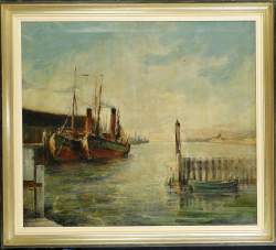 Tableau HST -Bateaux à quai- anonyme 70x80cm cadre doré Tableau HST -Bateaux à quai- anonyme 70x80cm cadre doré